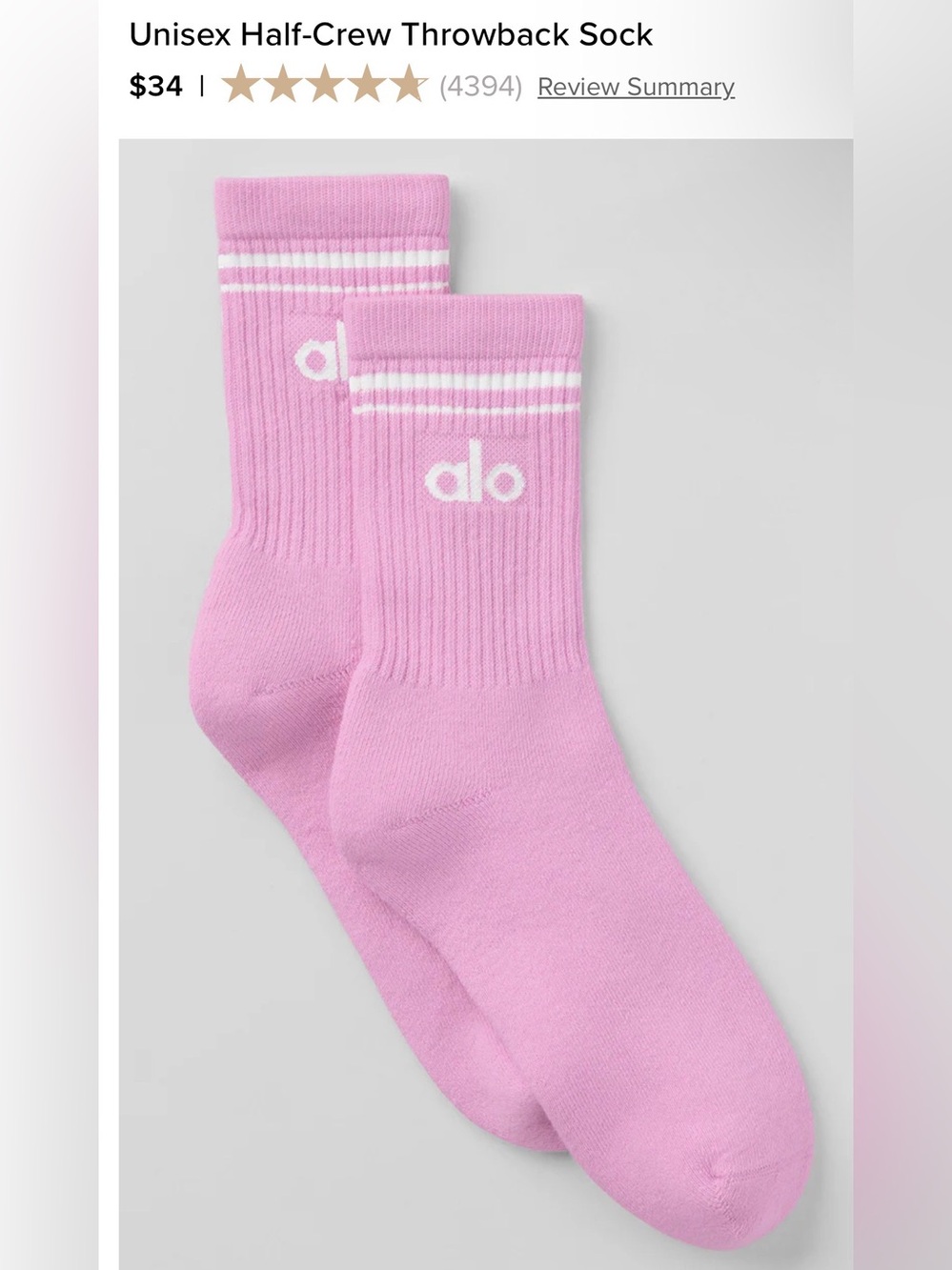 ALO YOGA Unisex Half-Crew Throwback Sock, PINK NWT